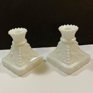 Westmorland Candle Holders Tapers Milk Glass Set of 2 Grapes Square #09